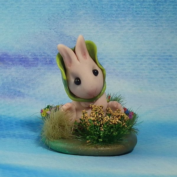 Baby rabbit 'Amelia' on floral tableau OOAK Sculpt by Ann Galvin