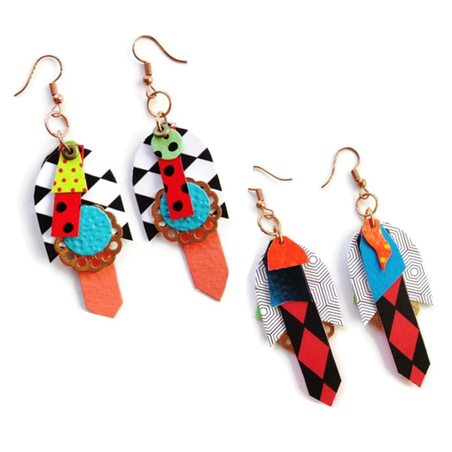Statement Earrings Reversible Mismatched Harlequin Check Funky OOAK Multicolour 