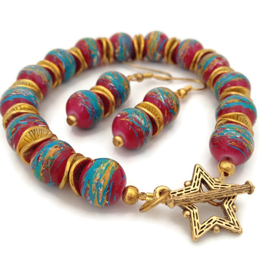 Pink & Turquoise Bracelet & Earrings Set