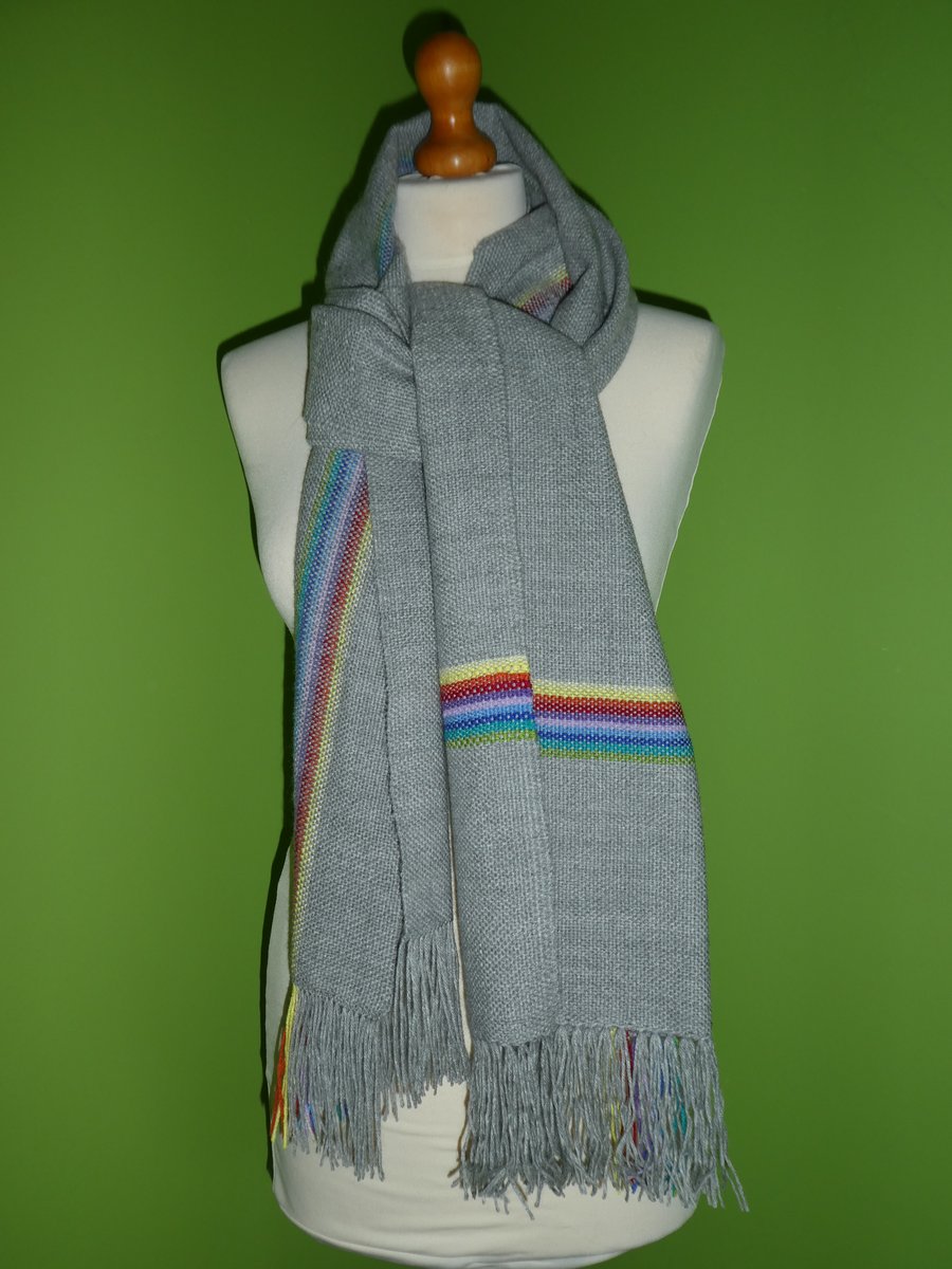 Hand Woven Scarf in Grey with Rainbow Band