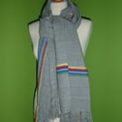Hand Woven Scarf in Grey with Rainbow Band
