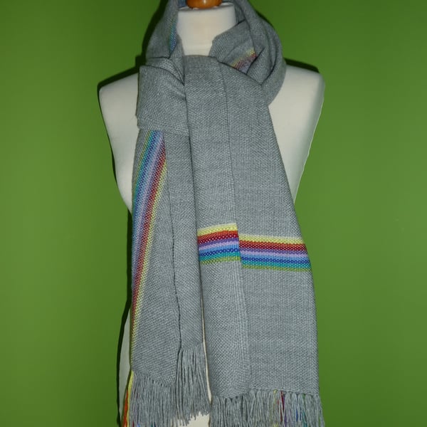 Hand Woven Scarf in Grey with Rainbow Band