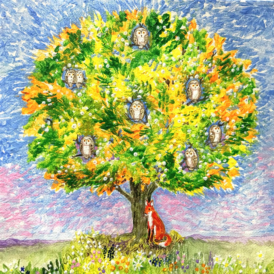 The Tree of Owls (and a Fox). Painting in Acrylics on Box Canvas
