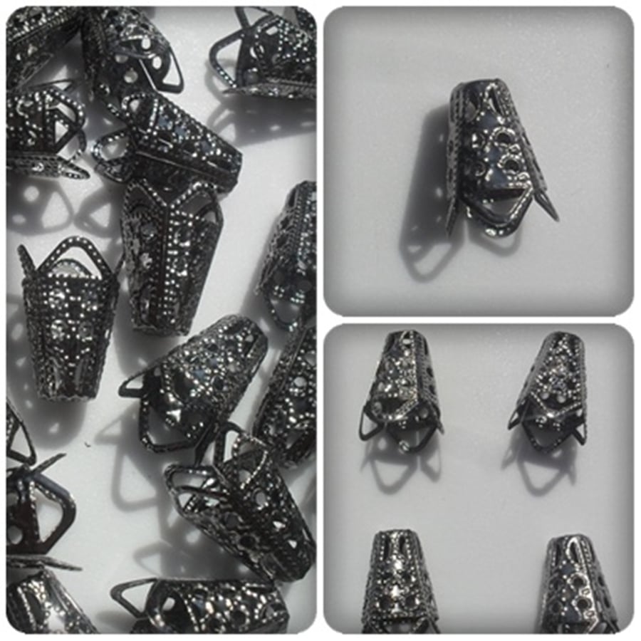 20 x Iron Cone-Shaped Beadcaps - Flower - 16mm - Black 