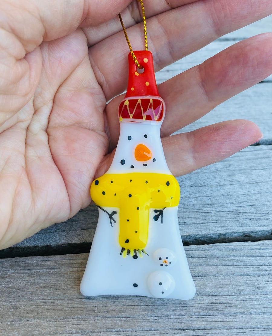 Cute snowman with baby. - glass Christmas hanging decoration