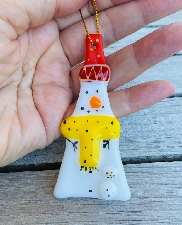 Cute snowman with baby. - glass Christmas hanging decoration