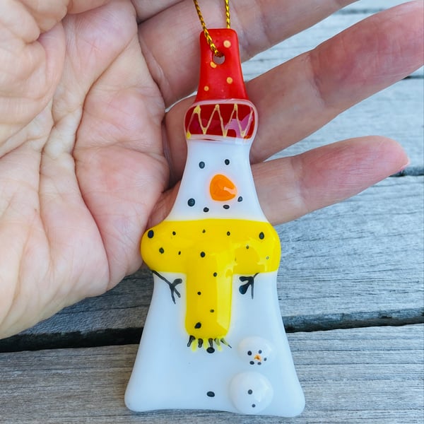 Cute snowman with baby. - glass Christmas hanging decoration