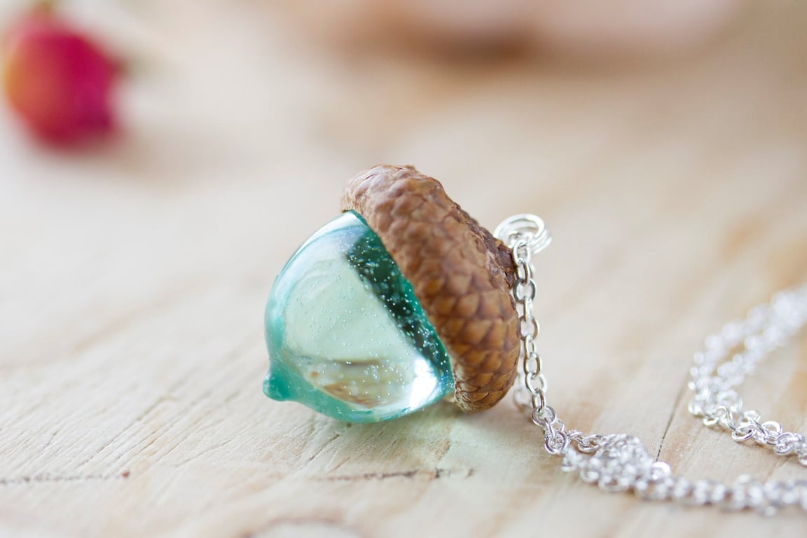 Acorn Necklace Aqua Real Flower Jewellery Gifts for Her Acorn Jewelry Resin Neck