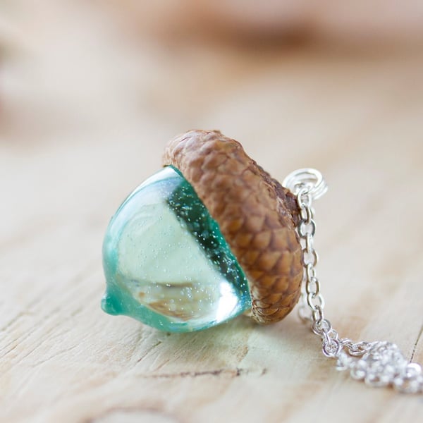 Acorn Necklace Aqua Real Flower Jewellery Gifts for Her Acorn Jewelry Resin Neck