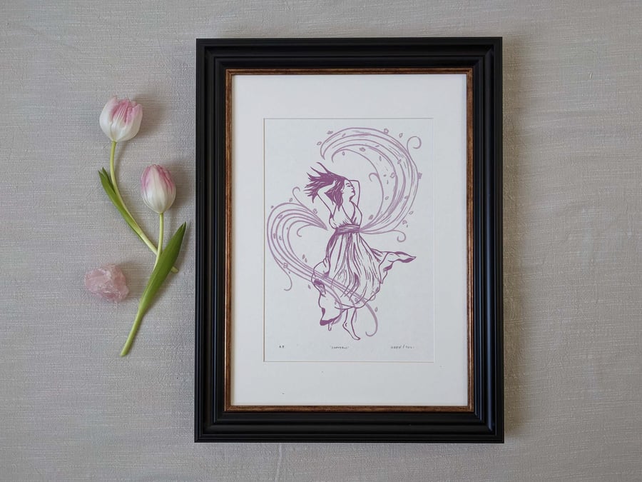 Linocut art print - Zephyrus, the west wind, Greek mythology