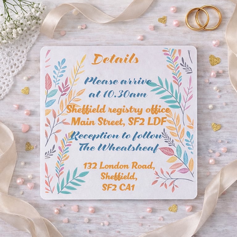 Pastel Leaf Wedding Details Card.  Square Botanical Wedding Information Card
