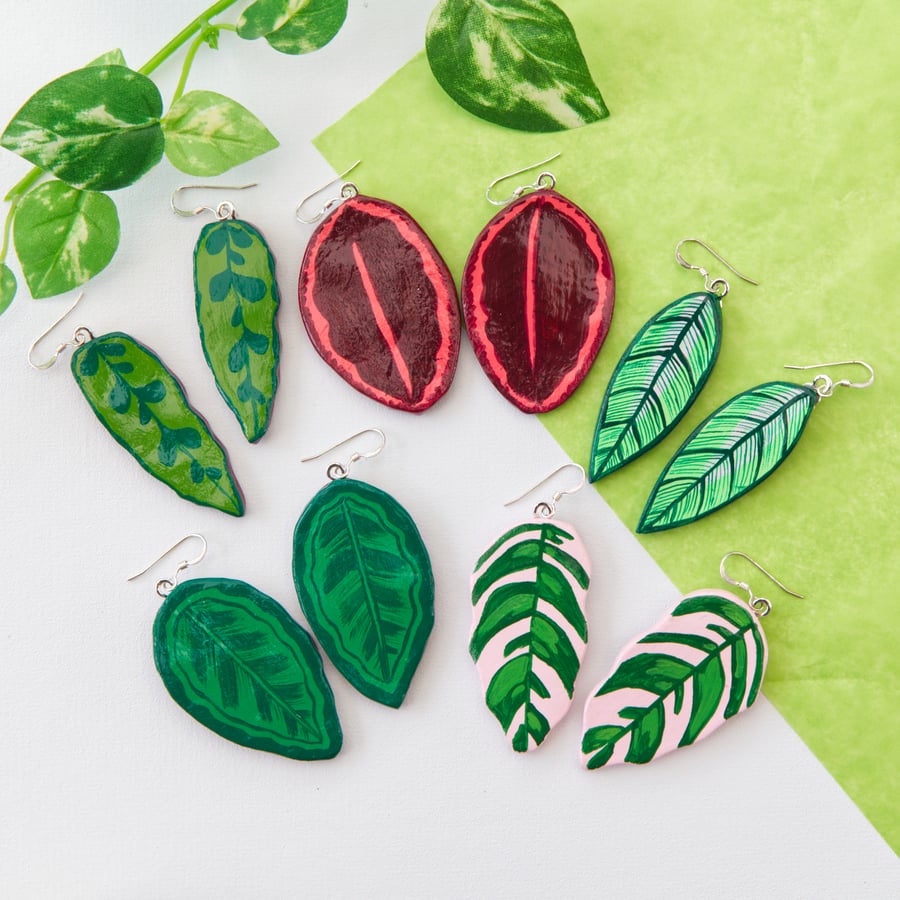 Calathea Leaf Painted Air-Dry Clay Dangly Earrings Houseplant Gift