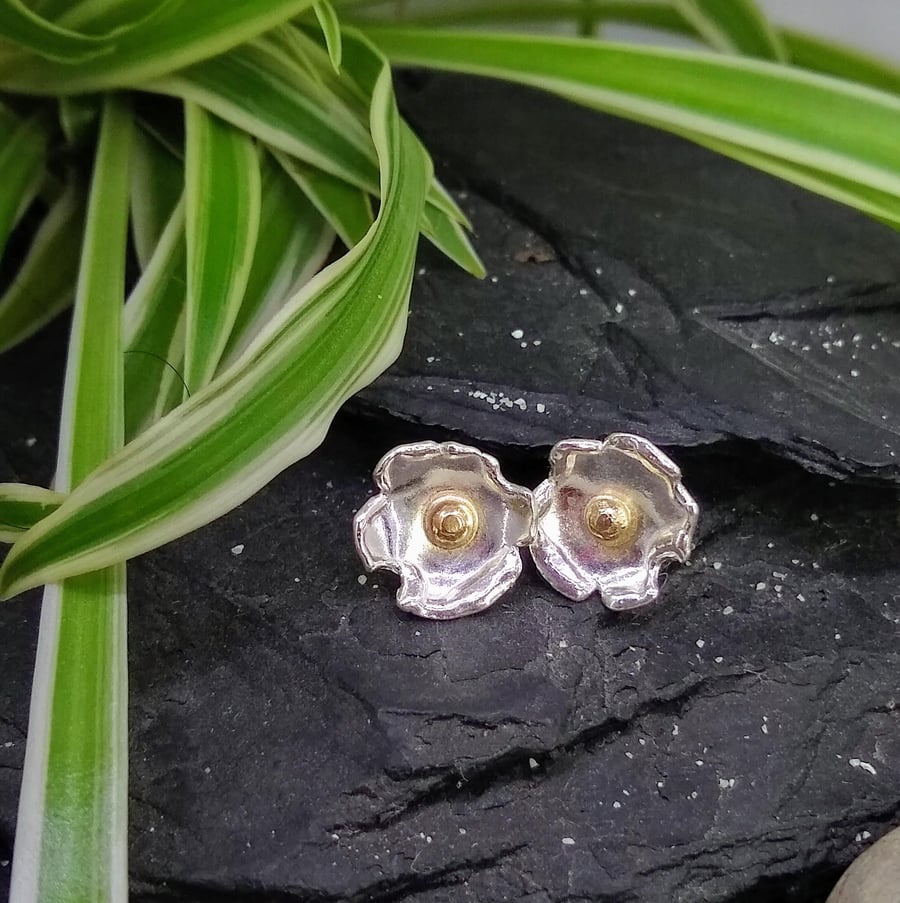 Fine Silver & 9ct Gold Organic Flower Earrings