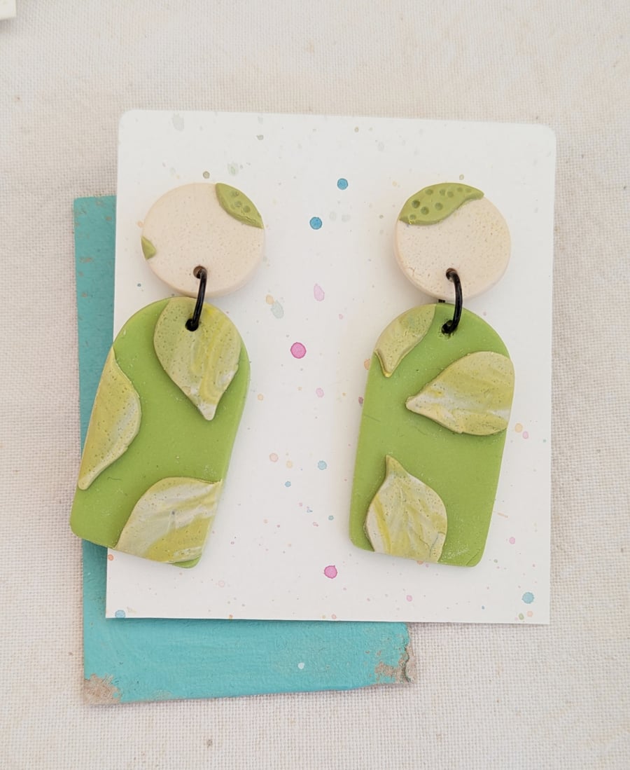Statement earrings,  green and cream leaf dangly earrings