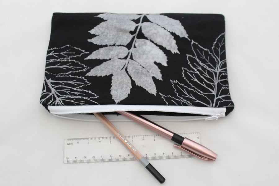 zip up black pouch handprint silver leaf,make up bag,toiletry bag,pouch,ECO gift