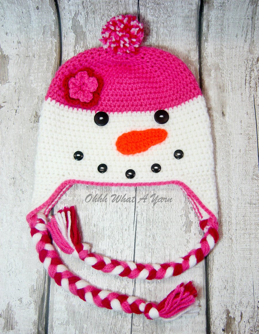 Crochet pink snowlady, snowman hat,  Age 1-2 years approx