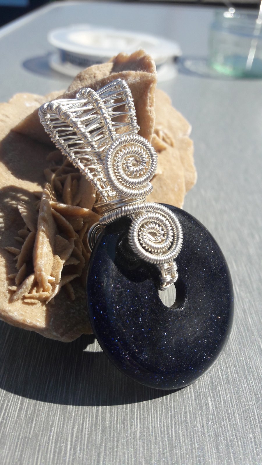 Blue Goldstone Wire Wrapped Reversible Pendant 