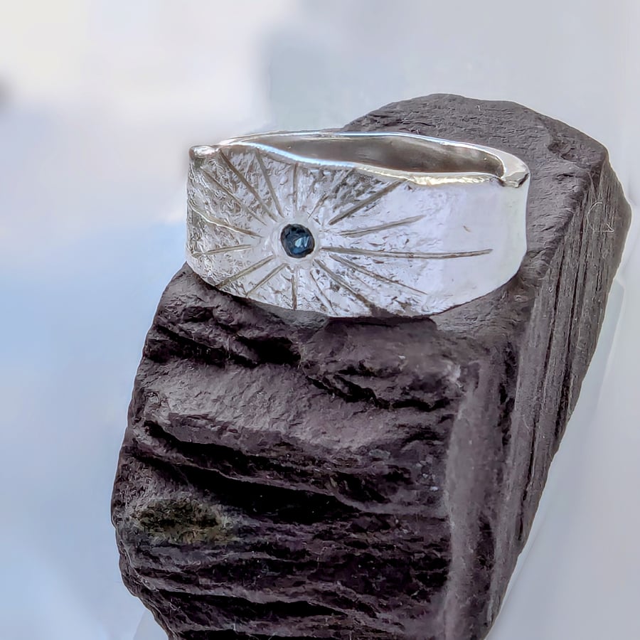 Liberty Star Blue Sapphire Recycled Sterling Silver Textured Ring