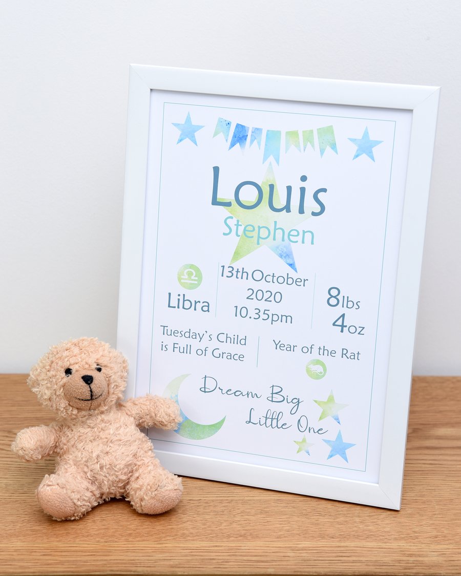 Personalised New Baby Gift, Baby Name Wall Art, Christening Gift, A4 Print