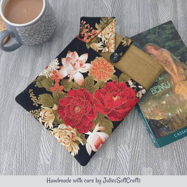 Book or Kindle Sleeve, Lined and Padded with Front Pocket and Button Fastening