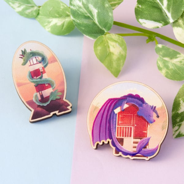 Sleeping Lighthouse and Beach Hut Dragon Wooden Eco-Friendly Pin Badges 