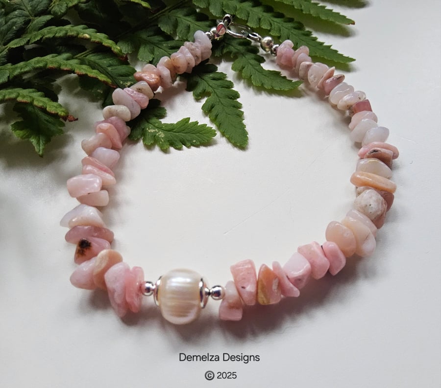 Pink Puruvian Opal & Freshwater Culture Pearl Bracelet 