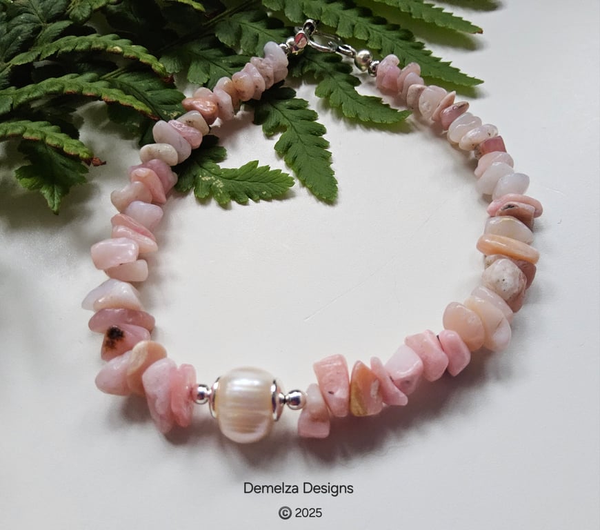 Pink Puruvian Opal & Freshwater Culture Pearl Bracelet 