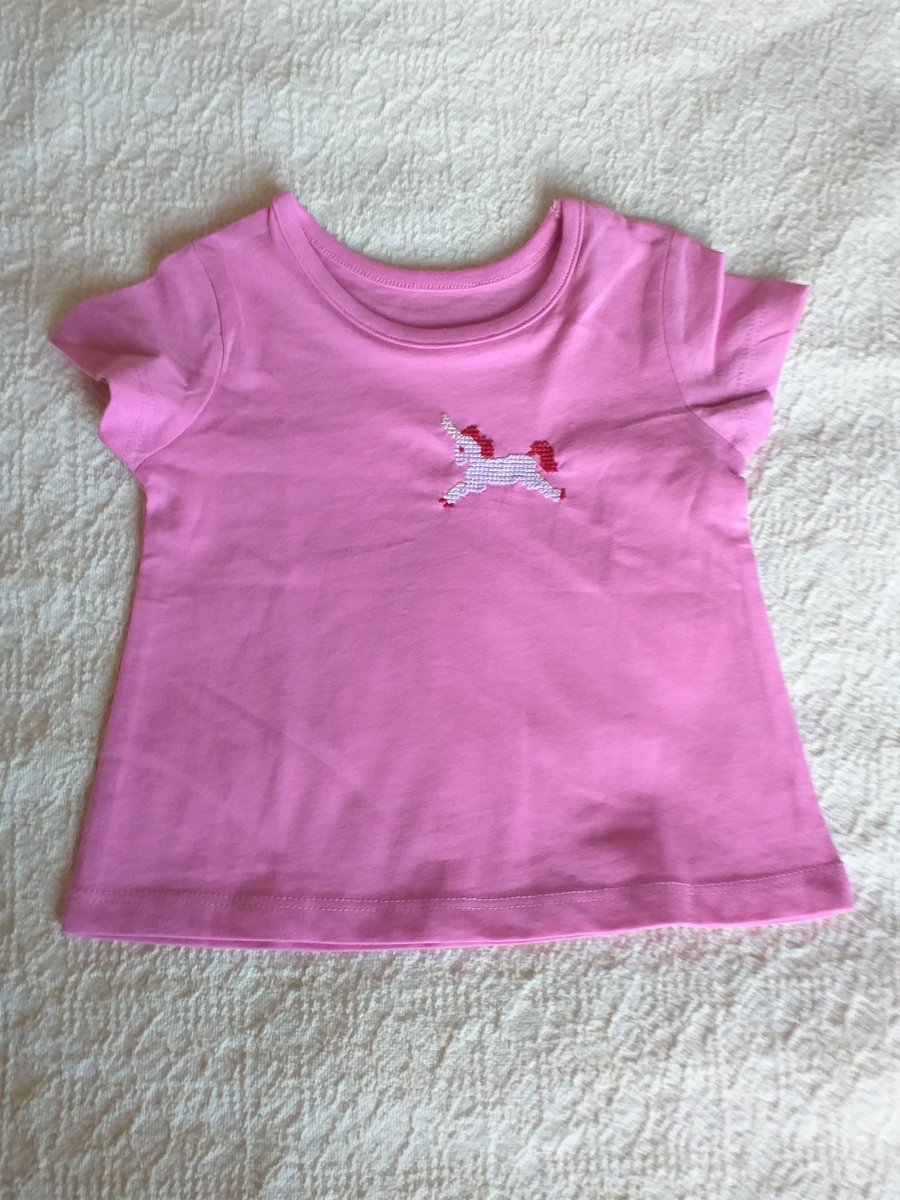  Unicorn T-shirt, hand embroidered, age 0-3months