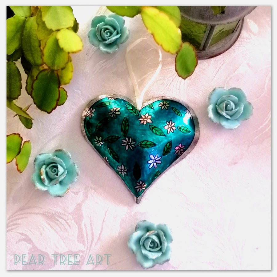 Metal Heart decoration. Turquoise with flowers. Handmade.