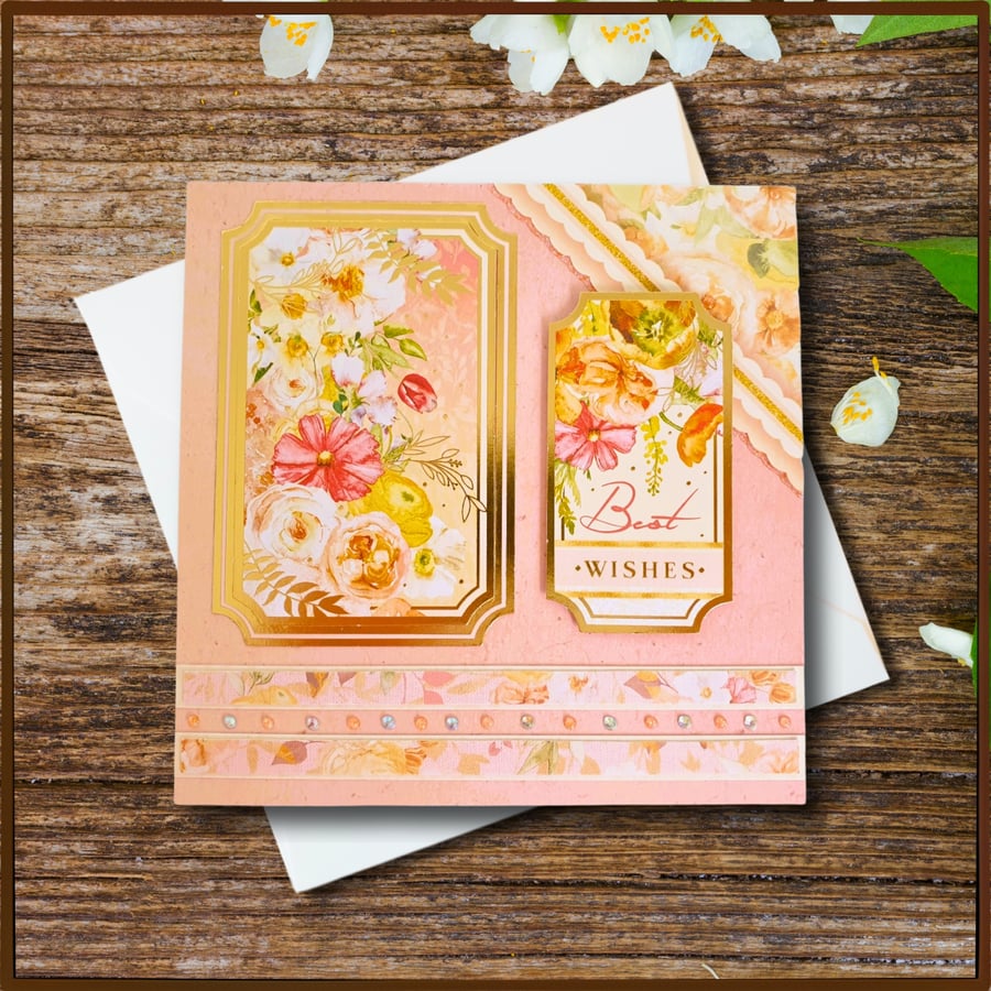 "Best Wishes" Floral Greeting All-Occasion Card, Blank with embellishments