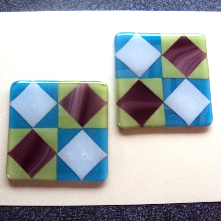 Diamonds in squares fused glass coaster pair   (0486)