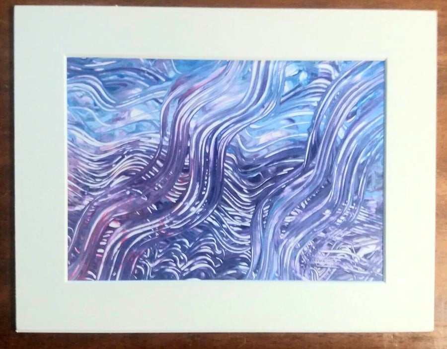 Acrylic pouring, fluid art mounted, blue and purple
