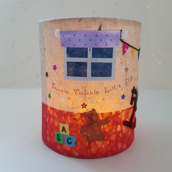 "Rock-a-bye Playroom" Picture Lantern (yellow moon hat) - mixed media collage 