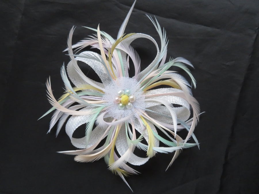 White and Pastel Rainbow Sinamay Loop Feather Clip Fascinator