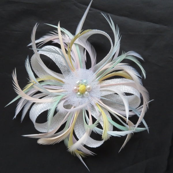 White and Pastel Rainbow Sinamay Loop Feather Clip Fascinator