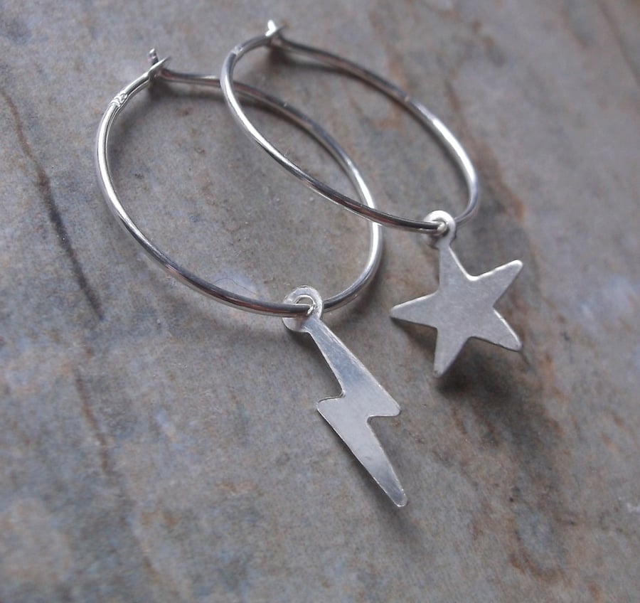 Mismatched Star and Lightning Bolt Sterling Silver Hoops Earrings