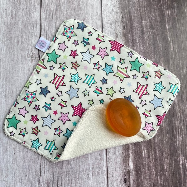 Organic Bamboo Cotton Wash Face Cloth Flannel Hot Pink Aqua Multi Stars