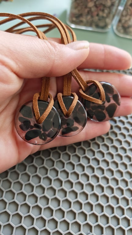 Obsidian Resin Circle Necklace: Crystal Pendant On Cord- Handmade Jewelry