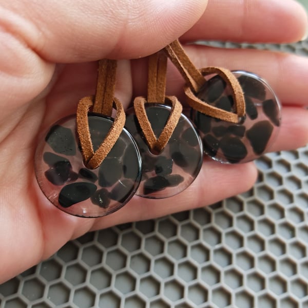 Obsidian Resin Circle Necklace: Crystal Pendant On Cord- Handmade Jewelry