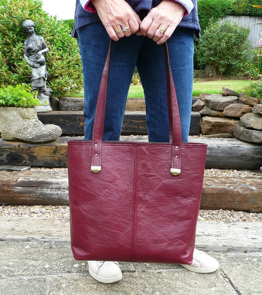 Maroon leather tote, ladies shoulder bag, deep red leather tote bag,