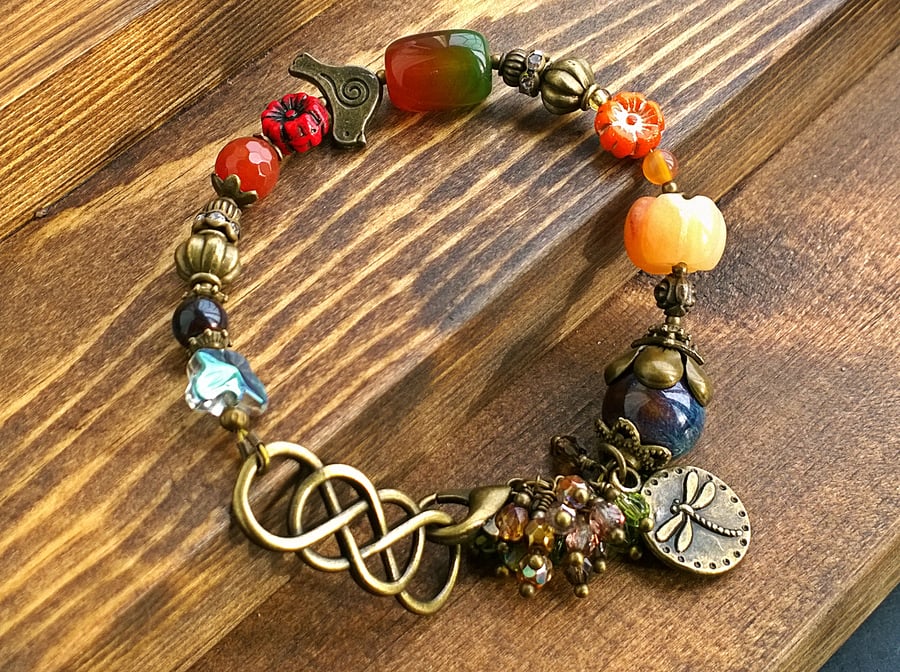 Enchanted Garden Bracelet, Celtic Knot and Red Orange Tones. Gaia, Nature