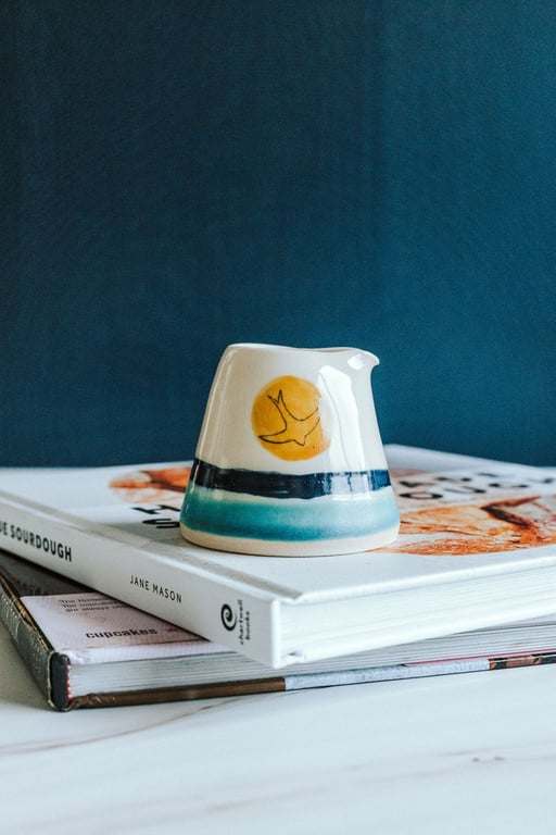 Handmade ceramic handless jug  - Swift and golden sun design