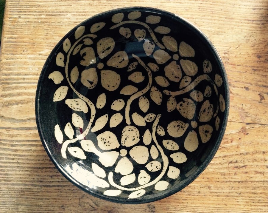 Soup or cereal bowl with brown and cream floral design