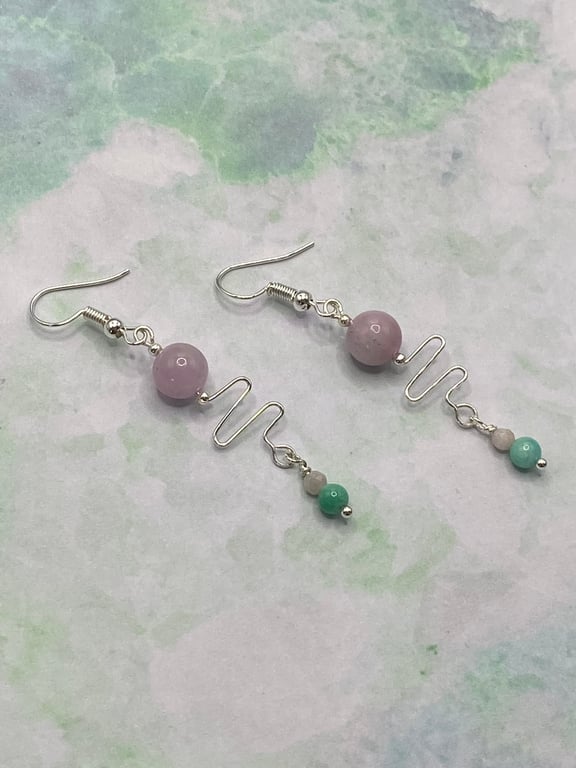 Squiggle drop earrings with kunzite stones