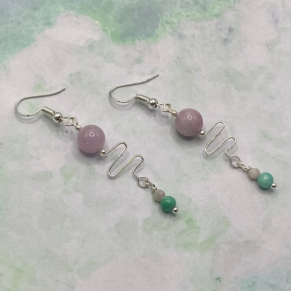Squiggle drop earrings with kunzite stones