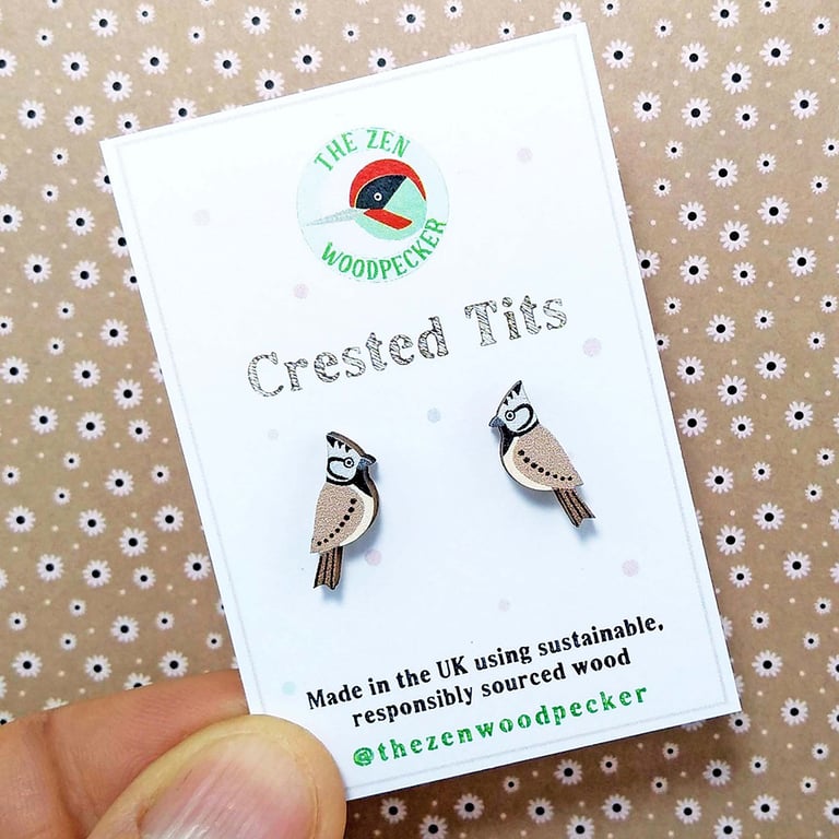 Crested Tit Earrings, Wooden Bird Studs, Silver Plated or Sterling Silver Backs