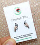Crested Tit Earrings, Wooden Bird Studs, Silver Plated or Sterling Silver Backs