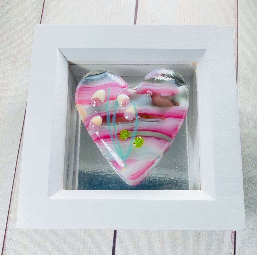 Pink heart with murrine flowers- fused glass picture 