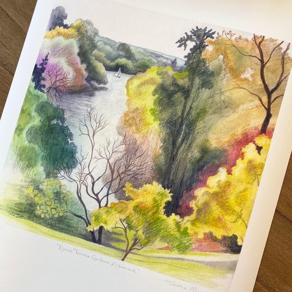 Beautiful watercolour landscape art print, river view, Richmond upon Thames 