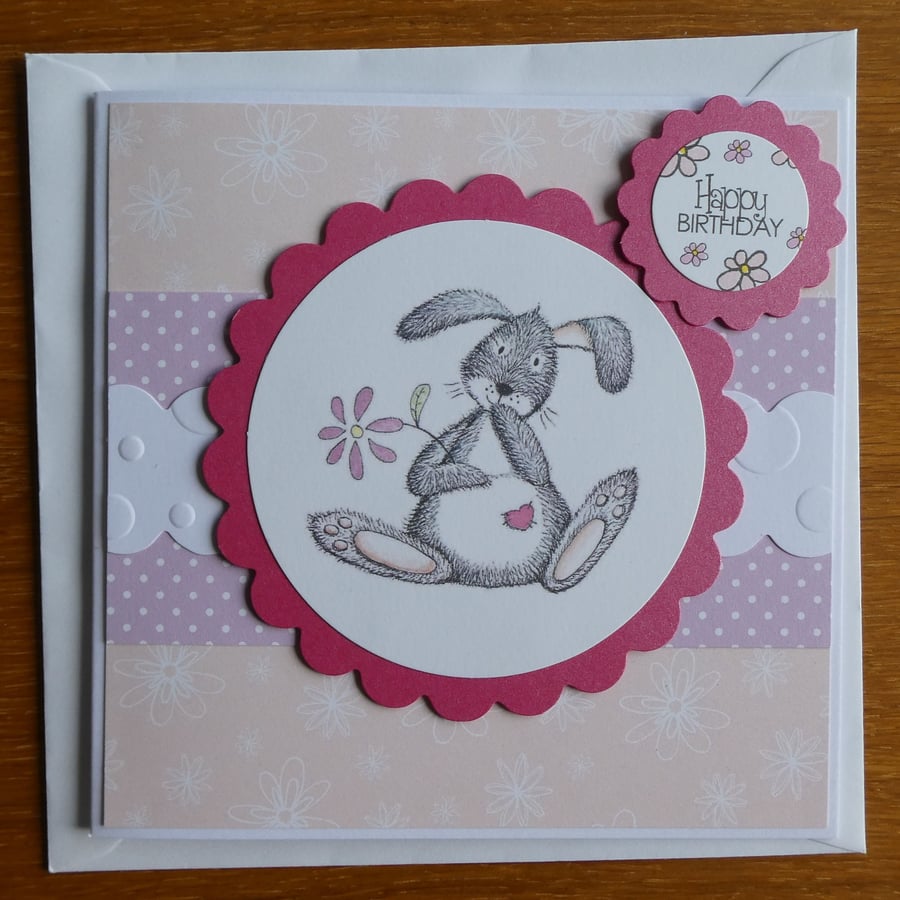 Happy Birthday Card - Rabbit with Pink Flower